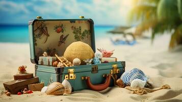 Vintage suitcase with beach accessories on sandy beach. Summer vacation concept photo