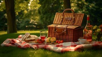 Picnic in the park. Picnic basket with food and wine photo