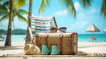 Suitcase with sunglasses and beach accessories on a tropical sand beach photo