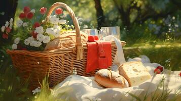 Picnic basket with bread, wine and flowers on the grass. photo