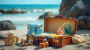 Vintage suitcase on the sand with sea background. Travel concept. photo