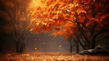 Autumn forest with falling leaves. Fall concept photo