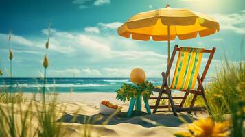 Beach chair with yellow umbrella and sunflowers on the sandy beach photo