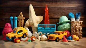 Children's toys on the sand against the background of a wooden wall photo