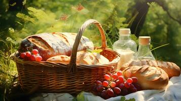 Wicker basket with bread, grapes and bottle of wine on nature background photo