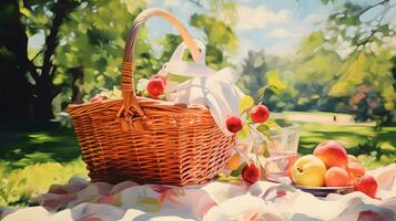 Picnic basket with apples and cherries on a blanket in the park photo