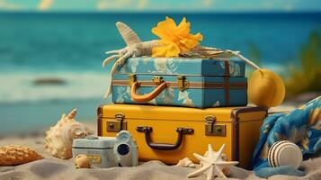 vacaciones y viaje concepto. maletas, estrella de mar, conchas marinas en el playa. foto