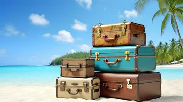 Vintage suitcases on the beach. Summer vacation concept photo