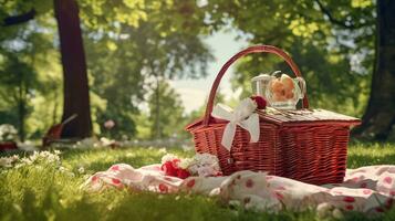 Picnic basket on green grass in the park with flowers and crockery photo