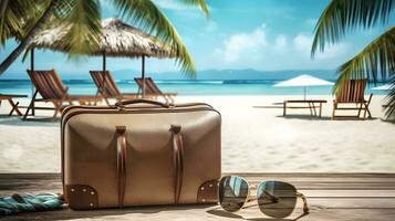 Suitcase and Sunglasses on the beach photo