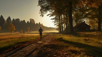 Rear view of a man jogging on a country road at sunrise photo