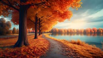 Autumn landscape with autumn trees and lake photo