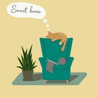 a red-haired cat sleeps on a chair near knitting vector