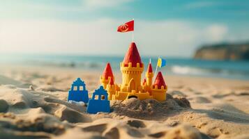 castillo de arena en el playa. selectivo enfocar. fiesta concepto. foto