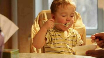 Little boy eats porridge video
