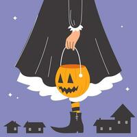 Vector Halloween poster with a girl in a witch costume trick or treating. A giant girl dressed like a witch with a jack o lantern and small black houses.