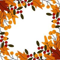 Double sided corner frame of autumn leaves, twigs and berries in trendy seasonal shade. Copy space vector
