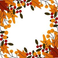 Double sided corner frame of autumn leaves, twigs and berries in trendy seasonal shade. Copy space vector