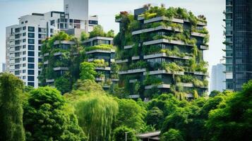 Vertical garden at the heart of a vibrant urban environment. Tall skyscrapers, the walls of which are decorated with cascades of greenery. Green oasis, harmony with nature. Ecological AI generated photo