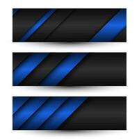 Set of three abstract black and blue modern material headers. Technology banners. Vector abstract widescreen backgrounds