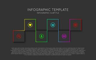 Vector infographic template with six dark squares with icons and descriptions. Modern process scheme on black background