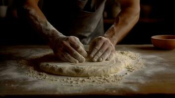 Hands of a man kneading dough on a wooden table. photo