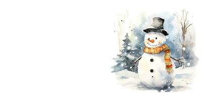 Snowman with hat and scarf in winter forest. Watercolor illustration photo