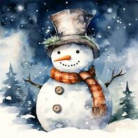 Watercolor illustration of a snowman in a hat and scarf with a lantern in the forest. photo