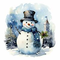 Stylish snowman. Stylish snowman. Snow man, watercolor illustration. photo