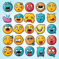conjunto de dibujos animados caras expresiones, cara emojis, pegatinas, emoticonos, dibujos animados gracioso mascota caracteres cara colocar, generativo ai ilustración foto