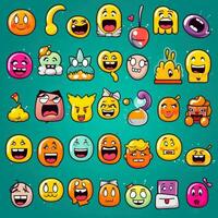 conjunto de dibujos animados caras expresiones, cara emojis, pegatinas, emoticonos, dibujos animados gracioso mascota caracteres cara colocar, generativo ai ilustración foto