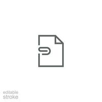 File attachment icon. Simple outline style. Paper clip, attach document, fastener, upload attachments, office concept. Thin line symbol. Vector isolated on white background. Editable stroke SVG.