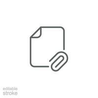 File attachment icon. Simple outline style. Paper clip, attach document, fastener, upload attachments, office concept. Thin line symbol. Vector isolated on white background. Editable stroke SVG.