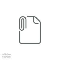 File attachment icon. Simple outline style. Paper clip, attach document, fastener, upload attachments, office concept. Thin line symbol. Vector isolated on white background. Editable stroke SVG.