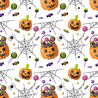 Vector cartoon seamless pattern for Halloween with pumpkin, candy, lollipop, spider, web