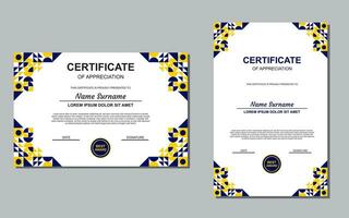 certificado modelo diseño en azul y amarillo color para apreciación. moderno estilo certificado diseño. vector