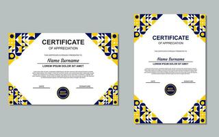 certificado modelo diseño en azul y amarillo color para apreciación. moderno estilo certificado diseño. vector