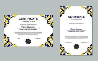 certificado modelo diseño en azul y amarillo color para apreciación. moderno estilo certificado diseño. vector