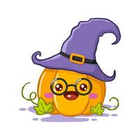 Cute Pumpkin Cartoon Character With Witch Hat And Glasses vector