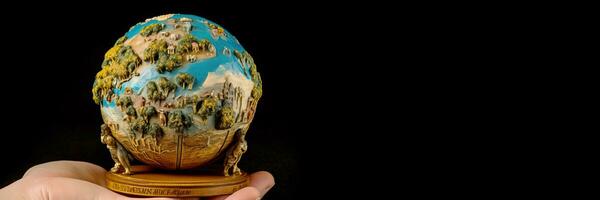 Miniature globe in hand flat earth atlas, black background. concept of globalization, saving planet. AI generated. photo