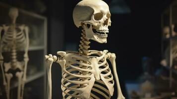 Human skeleton, educational laboratory background. Scientific body anatomy. AI generated. photo