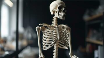 Human skeleton, educational laboratory background. Scientific body anatomy. AI generated. photo