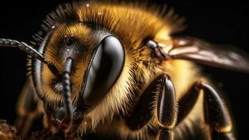 Honey bee macro shot, close-up, dark background. Agricultural farming insect. AI generated. photo