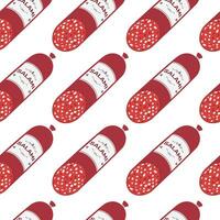 Seamless pattern with sliced salami sausage on white background. Vector flat illustration