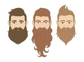 Set of brutal bearded male heads. Men with fashion haircuts and beard and mustache style. Hipster man. Barbershop concept. Vector illustration isolated on white background
