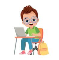 boy studying with computer at table vector