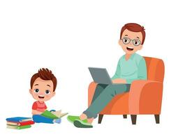 father and cute boy working with computer vector