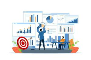 Data analysis concept with business team. Teamwork business analyst chart and sales management statistic diagram and operational report flat vector illustration. Financial report metaphor.
