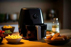 Air fryer oil free, a black air fryer or oil free fryer appliance is on the wooden table in the kitchen at home. Generative Ai photo