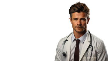 giovane sorridente maschio medico nel bianca laboratorio cappotto con stetoscopio - medico professionale su trasparente sfondo con copia spazio, ai generativo png